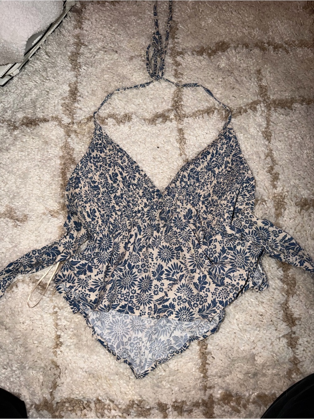 Windsor Blue Floral Halter Top with Peplum Detail